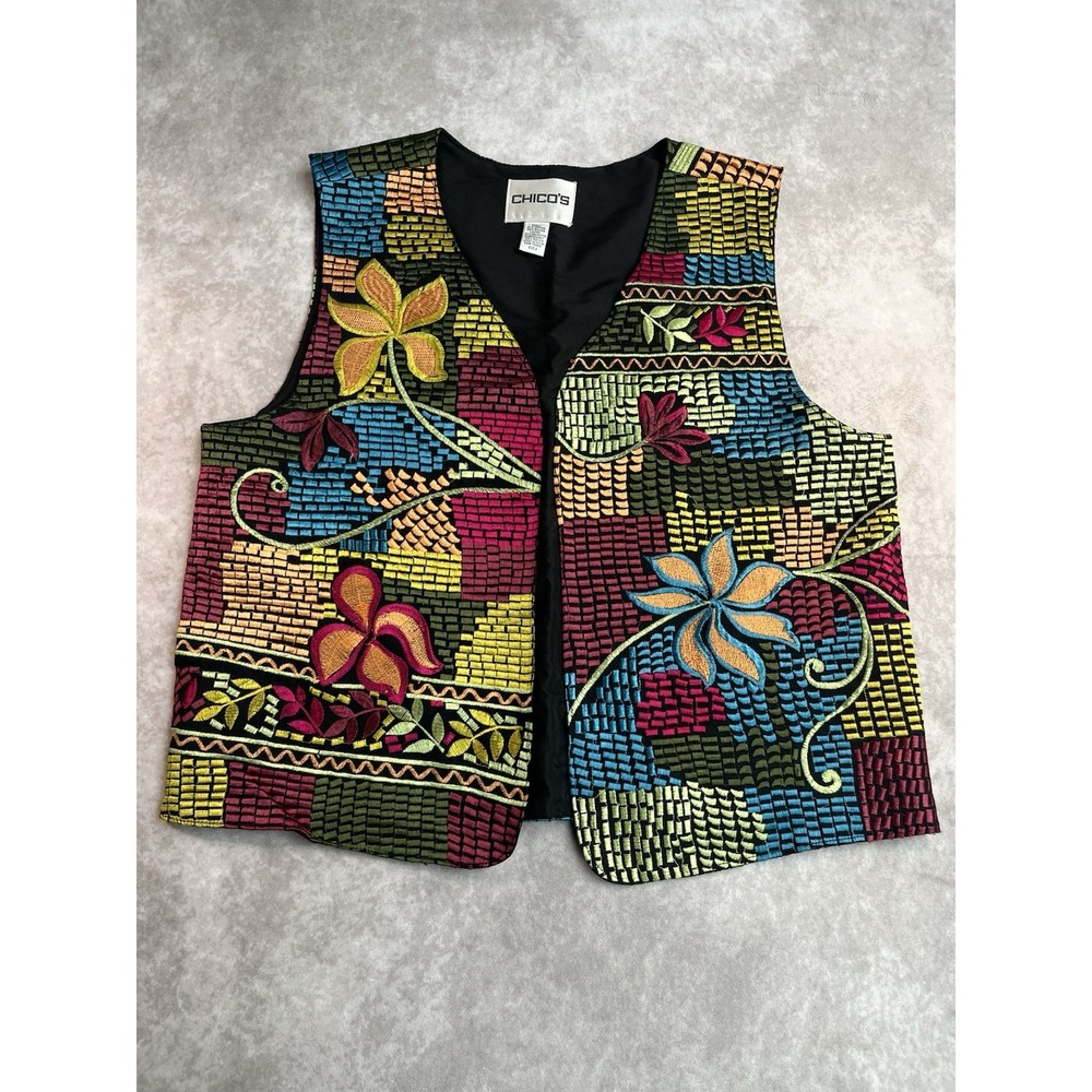 Chico's Embroidered Floral Open Front Vest Bright Multicolor Women's Sz 2 Large